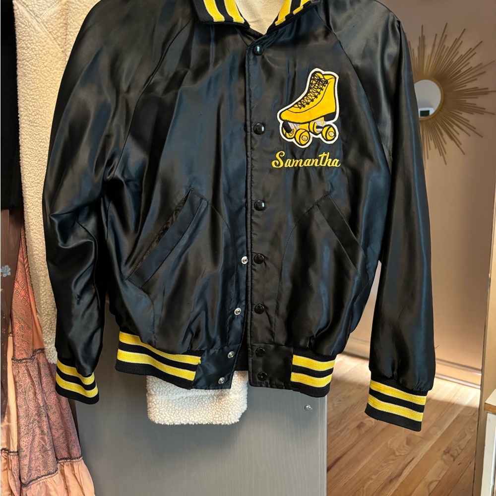 Vintage Black and Yellow Satin Jacket with Roller Skate Says 14-16 but fits 2-4.